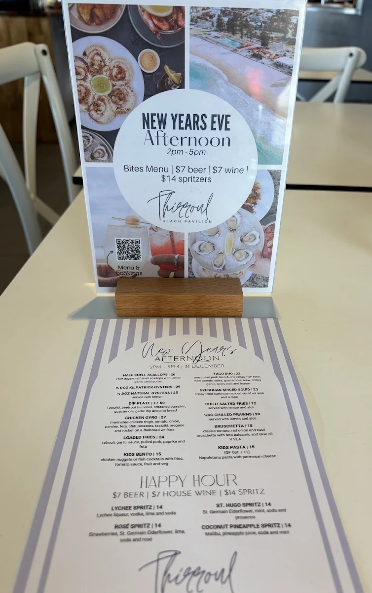 Menu, Thirroul Beach Pavilion