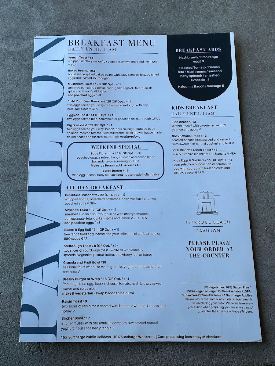 Menu, Thirroul Beach Pavilion