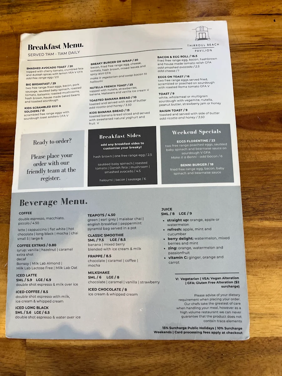 Menu, Thirroul Beach Pavilion