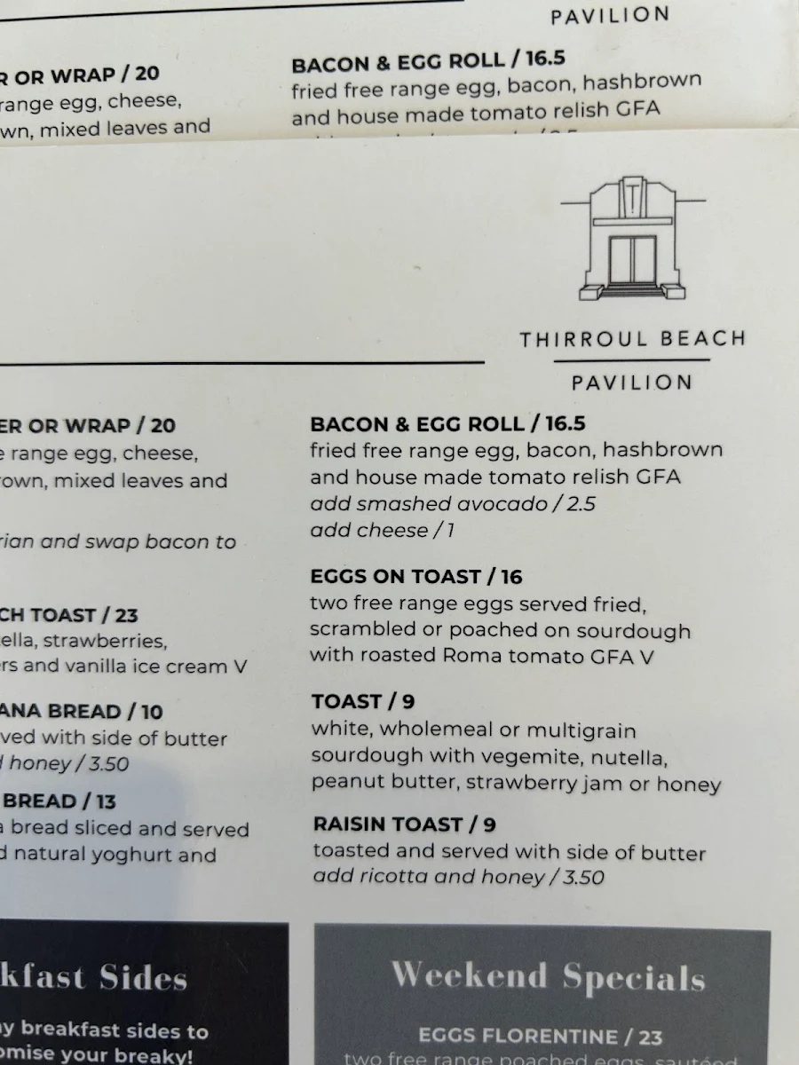 Menu, Thirroul Beach Pavilion