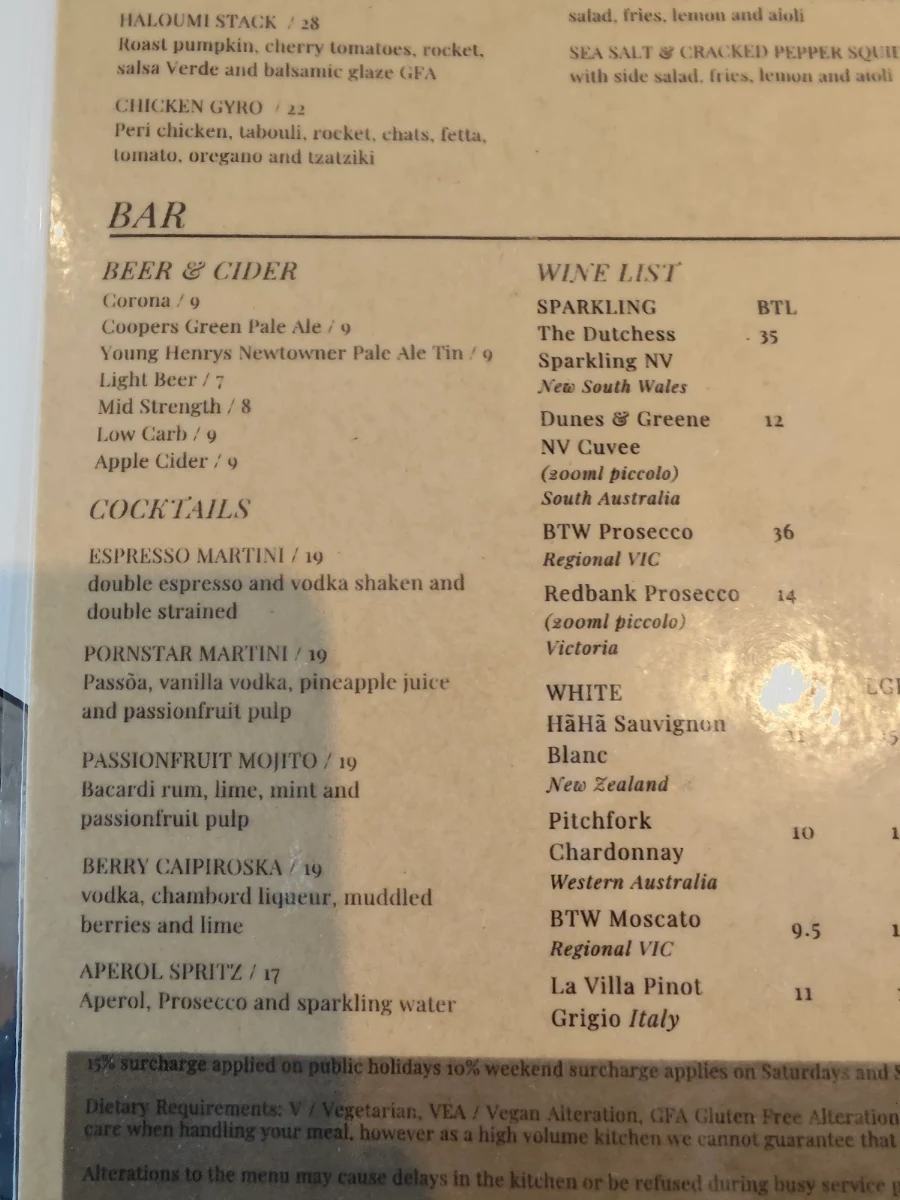 Menu, Thirroul Beach Pavilion