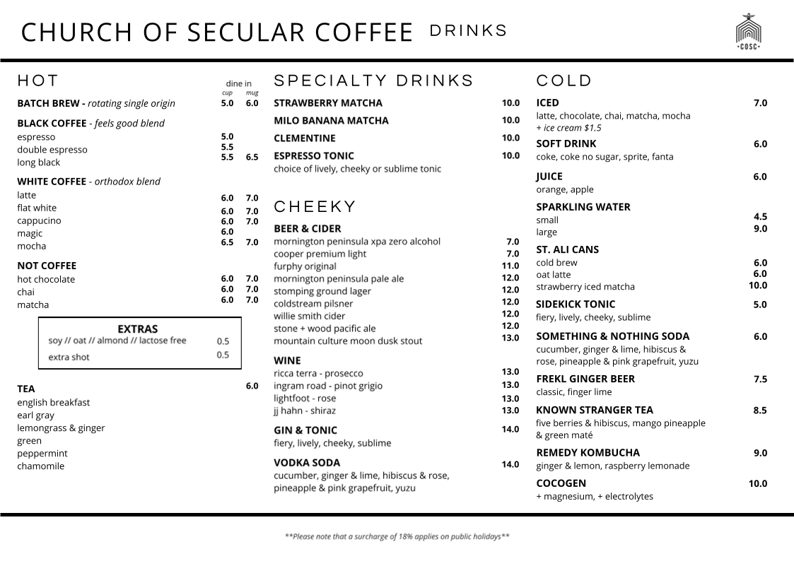 Menu, Church of Secular Coffee
