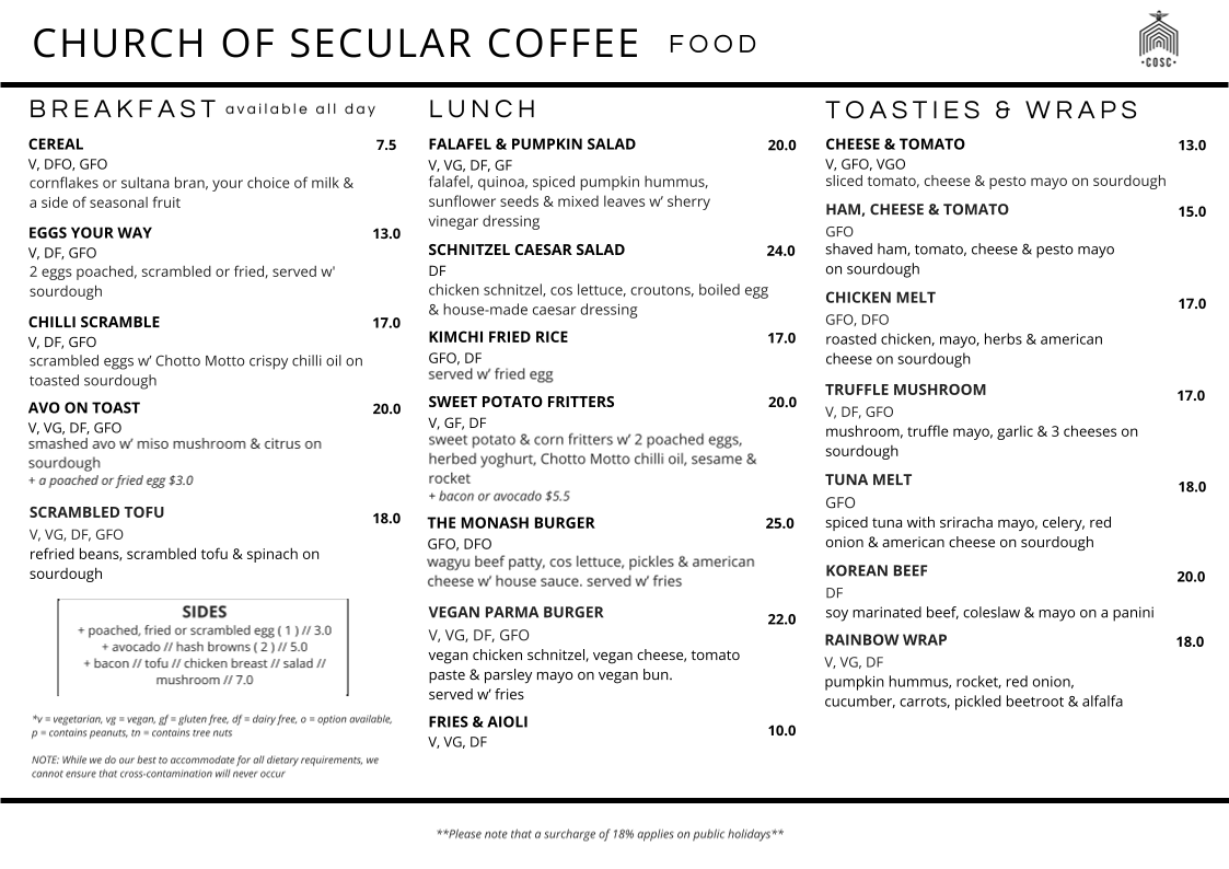 Menu, Church of Secular Coffee