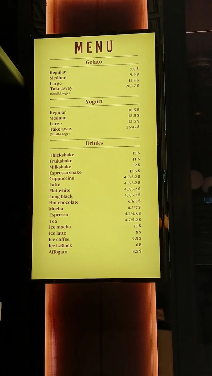 Menu, Anita Gelato West End