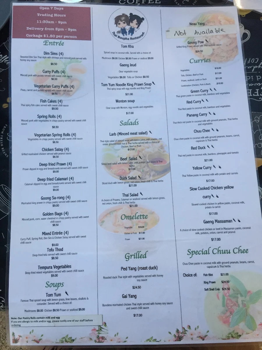 Menu, Thai Boupha