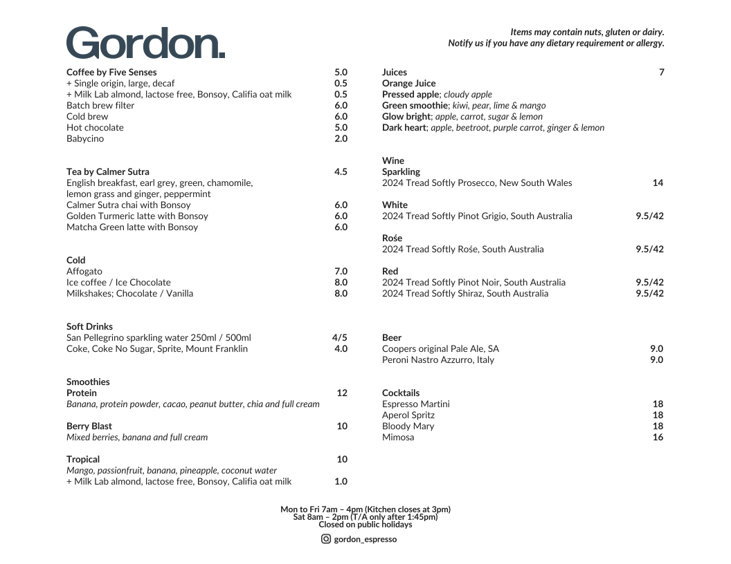 Menu, Gordon Espresso