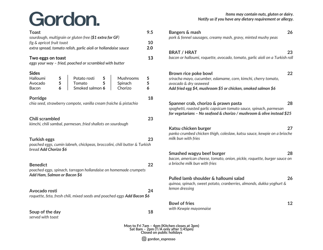 Menu, Gordon Espresso