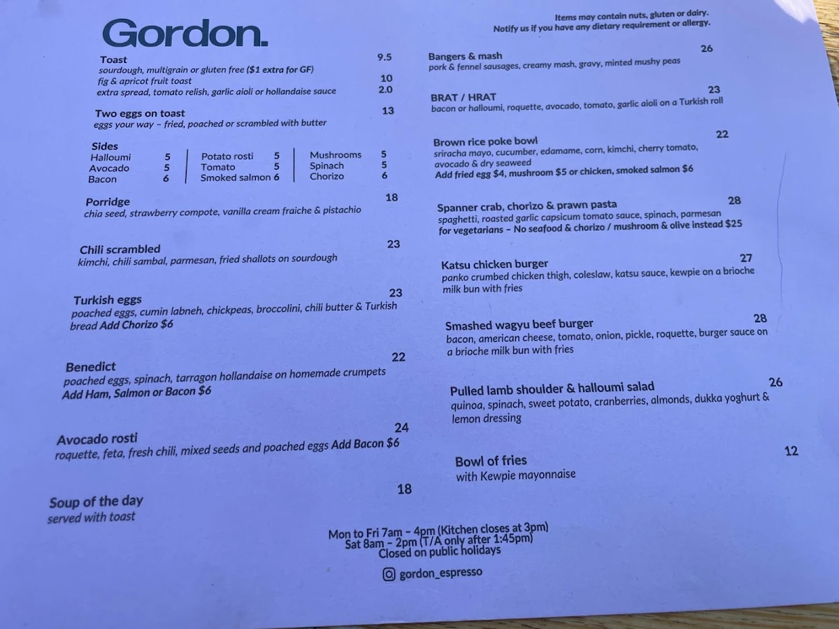 Menu, Gordon Espresso