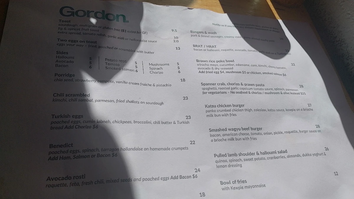 Menu, Gordon Espresso