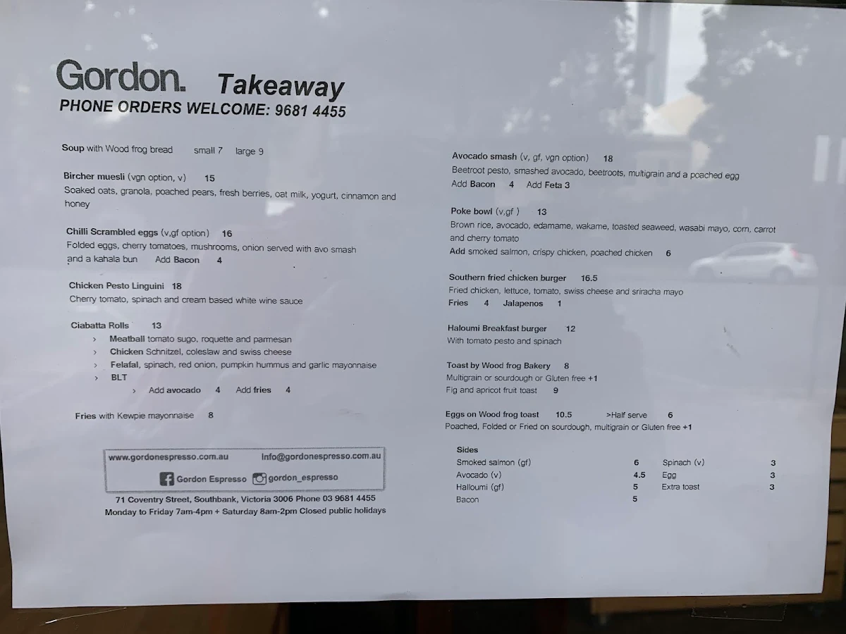 Menu, Gordon Espresso