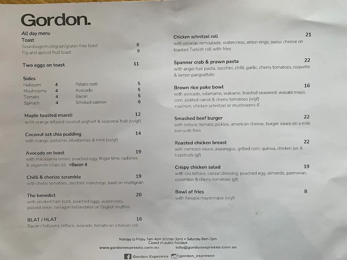 Menu, Gordon Espresso