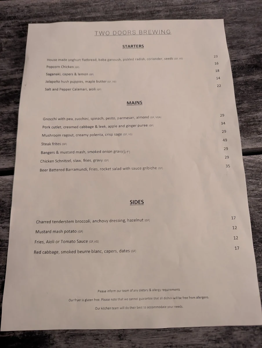 Menu, Two Doors Brewing