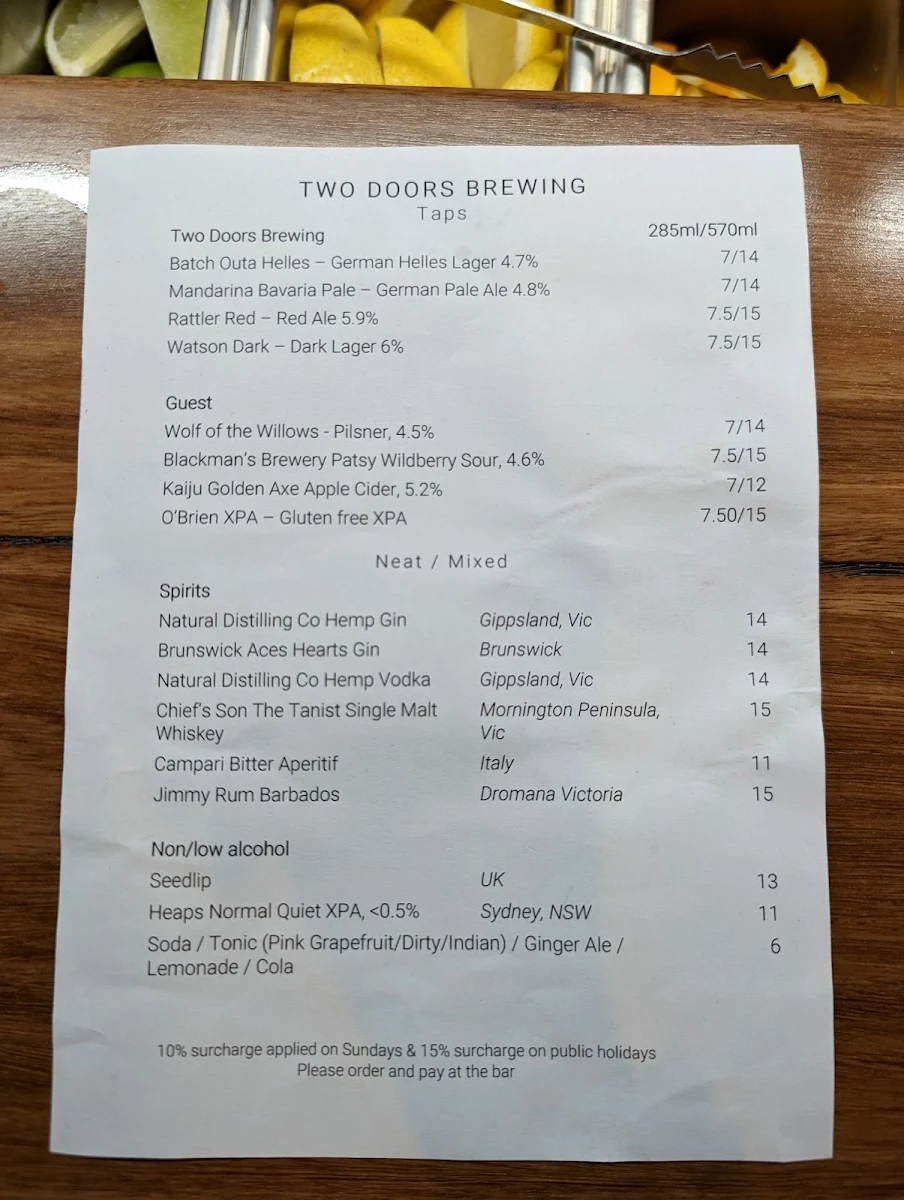 Menu, Two Doors Brewing