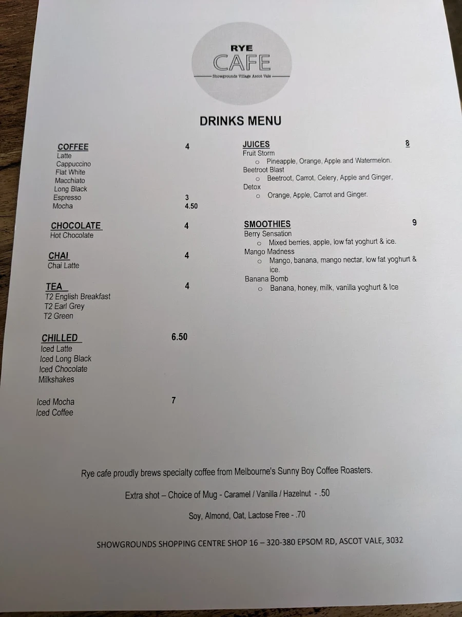 Menu, Rye Cafe