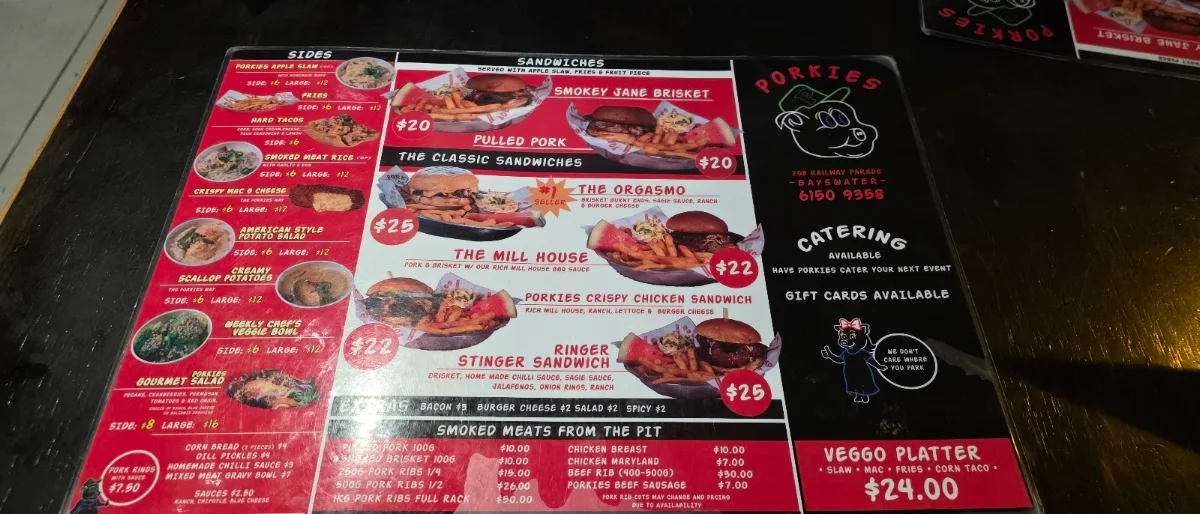 Menu, Porkies BAR-B-QUE