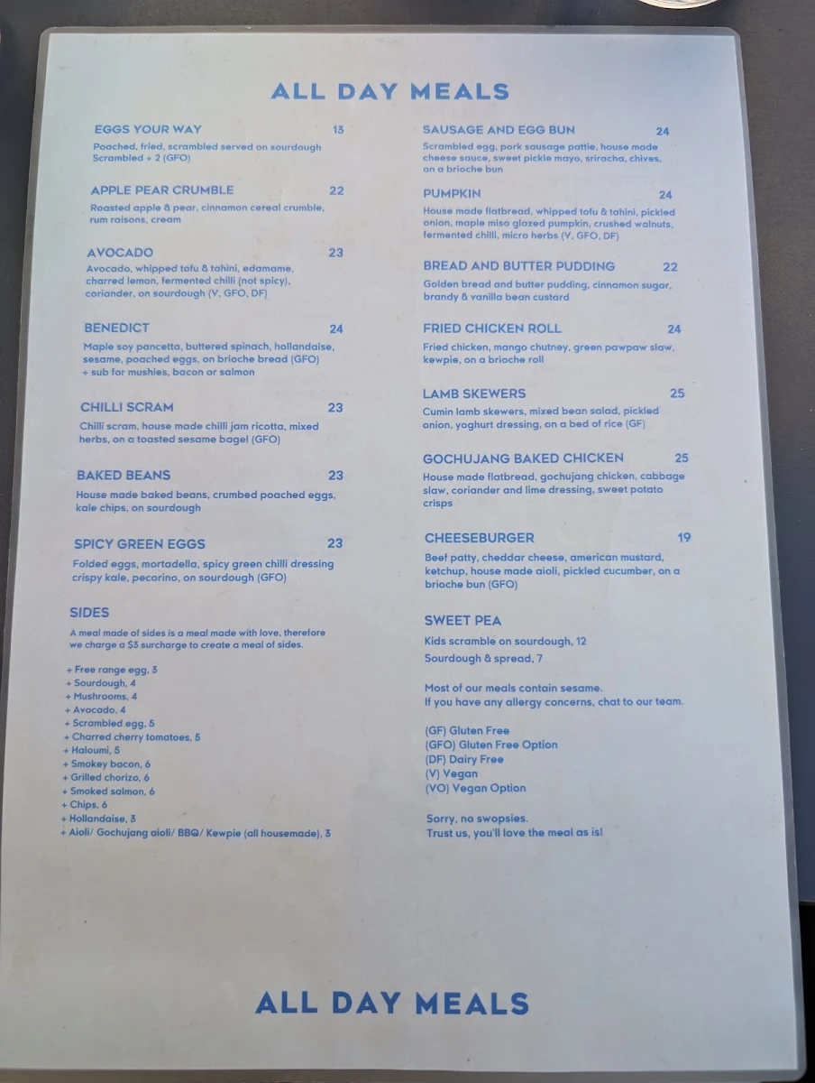 Menu, Sweet Talk Coffee
