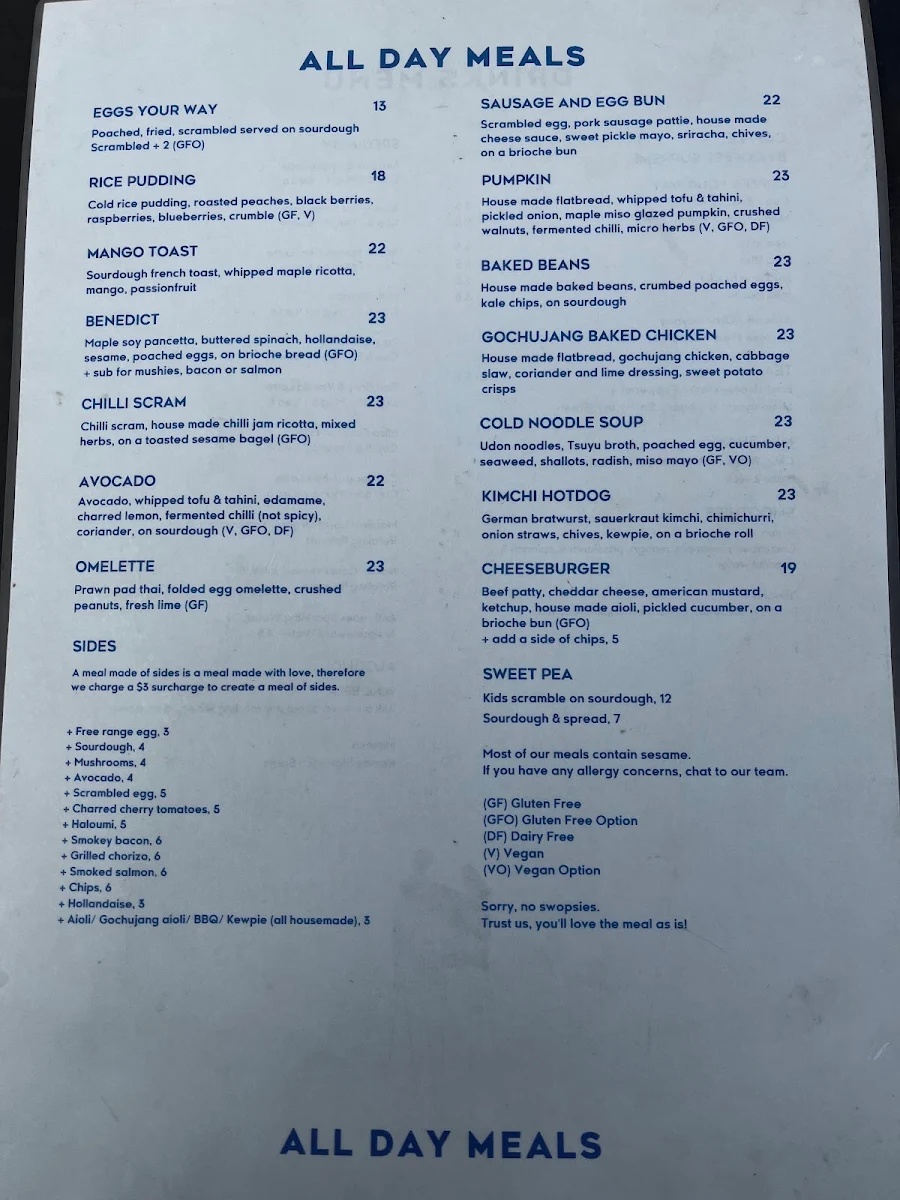 Menu, Sweet Talk Coffee