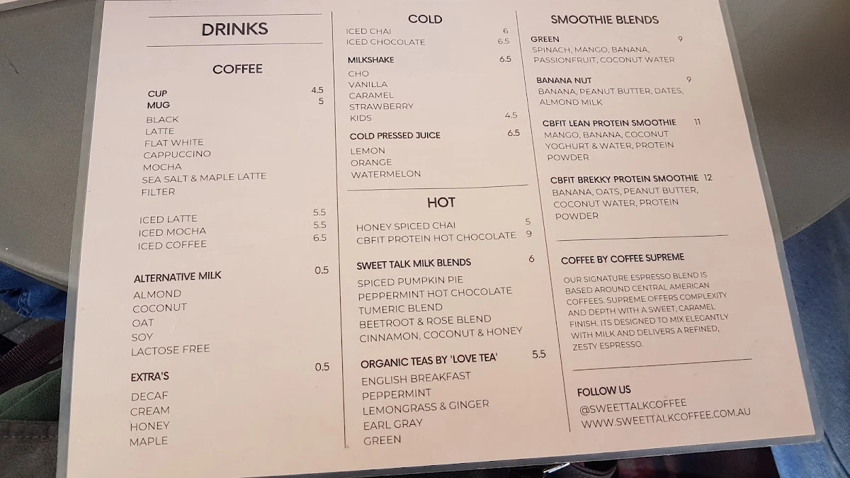 Menu, Sweet Talk Coffee