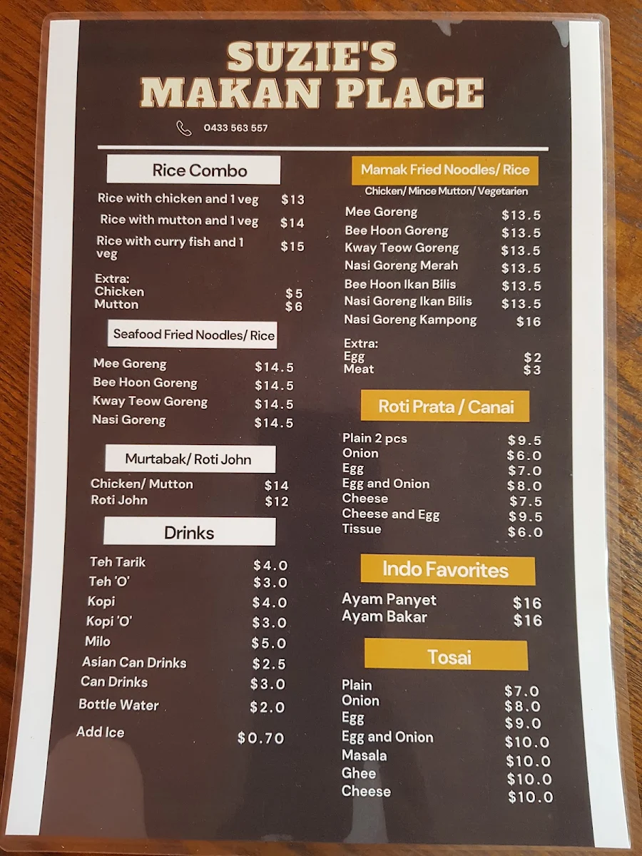 Menu, Suzie's Makan Place