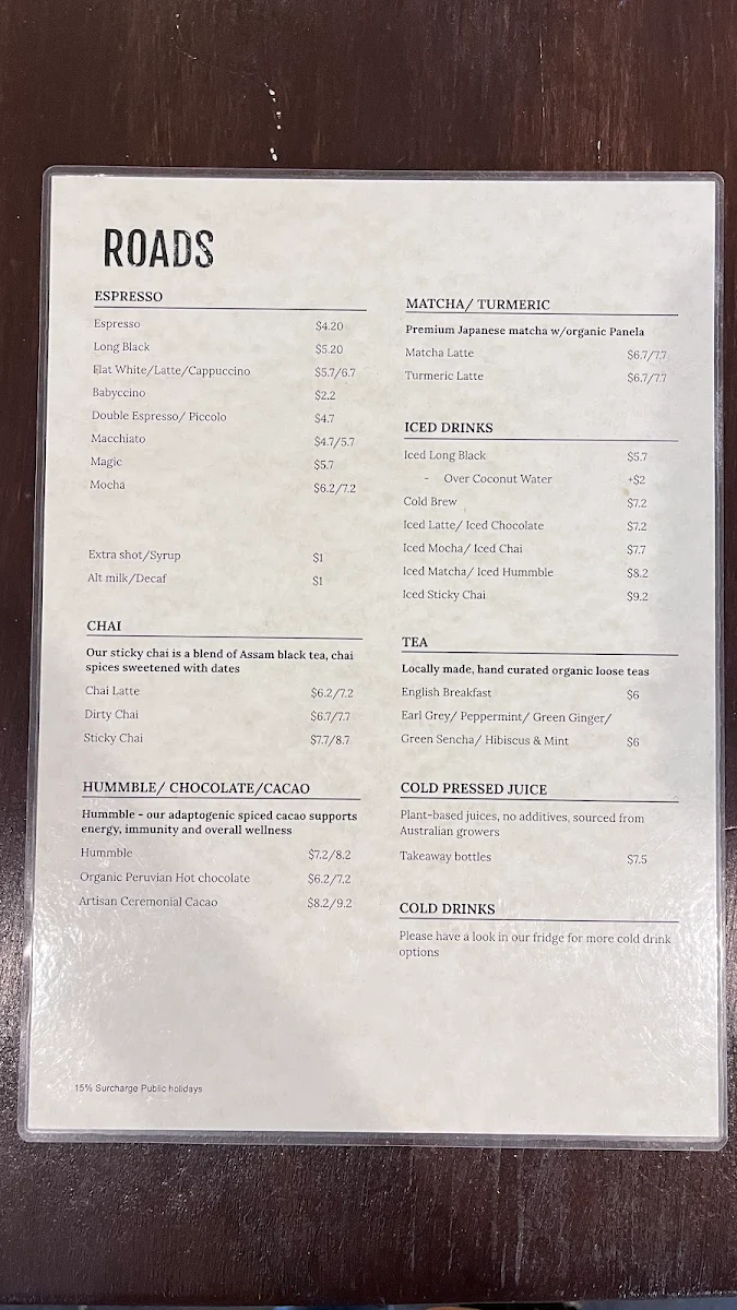 Menu, Roads Store