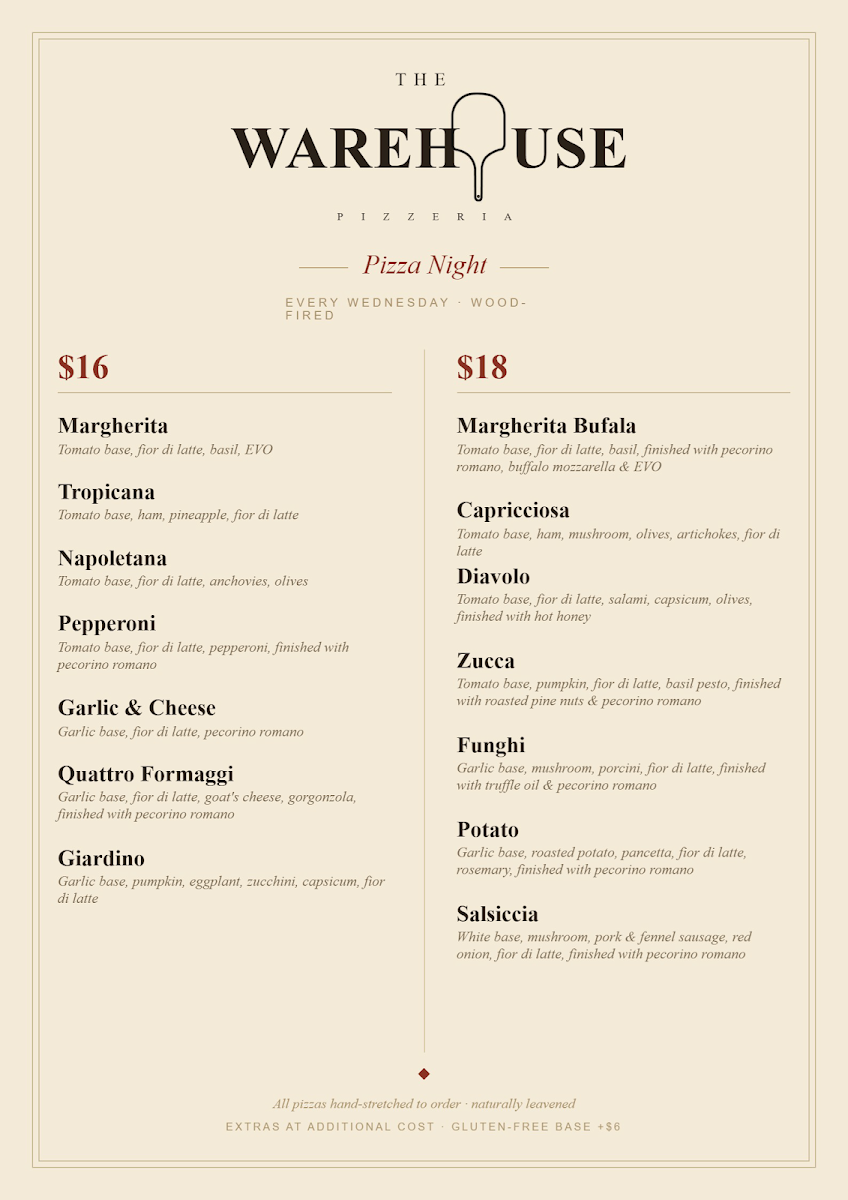Menu, The Warehouse Pizzeria