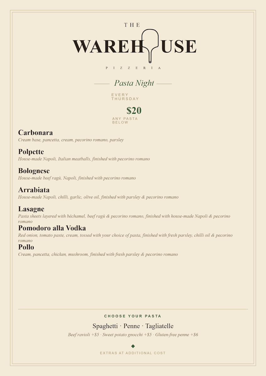 Menu, The Warehouse Pizzeria
