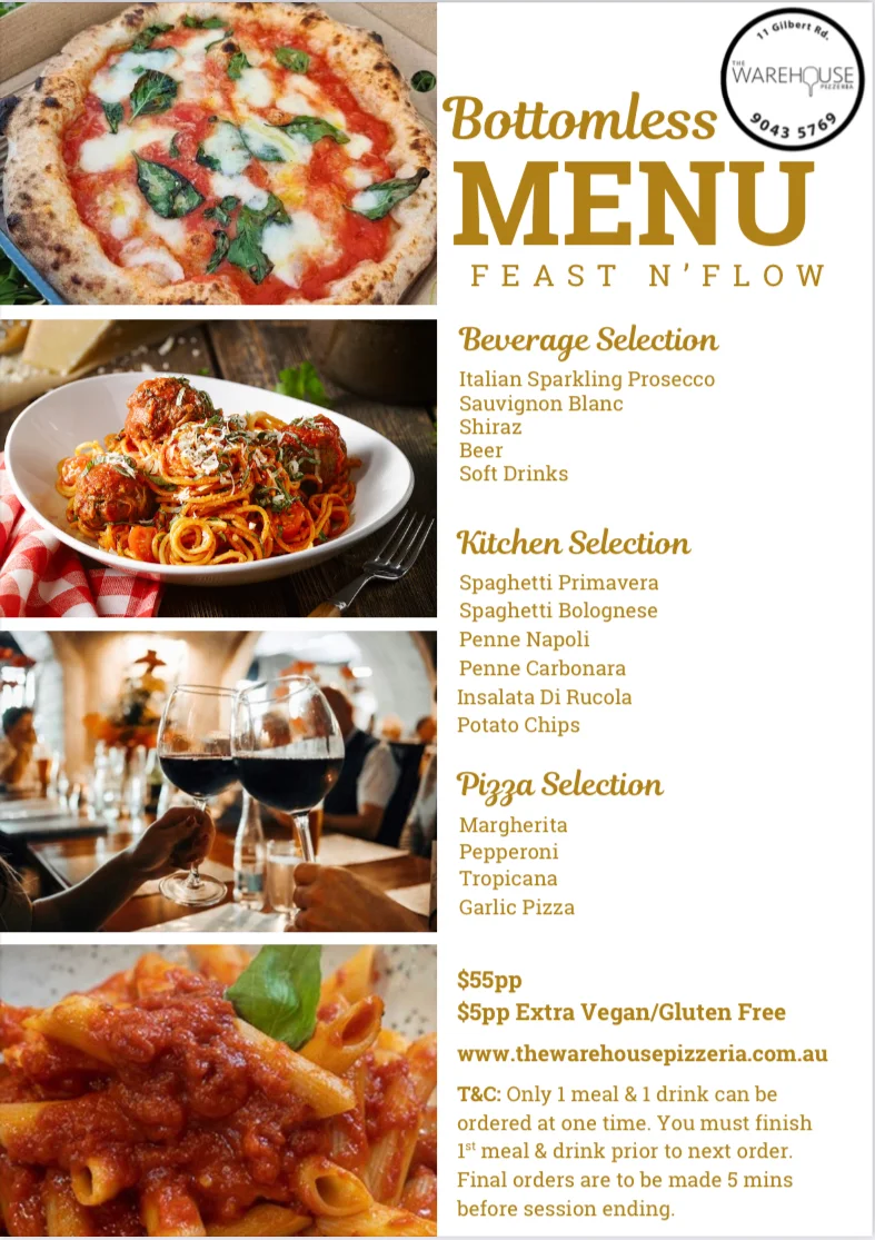 Menu, The Warehouse Pizzeria