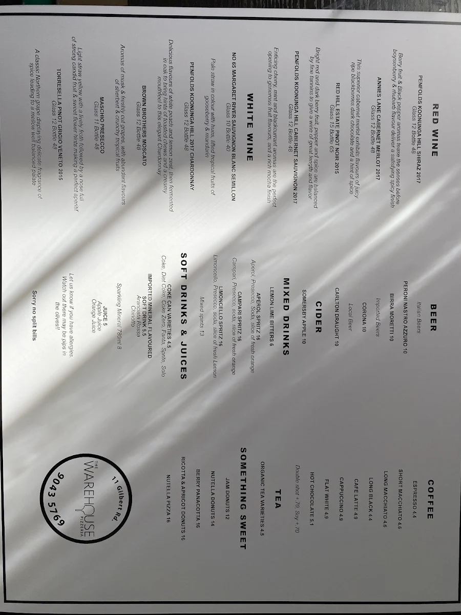 Menu, The Warehouse Pizzeria