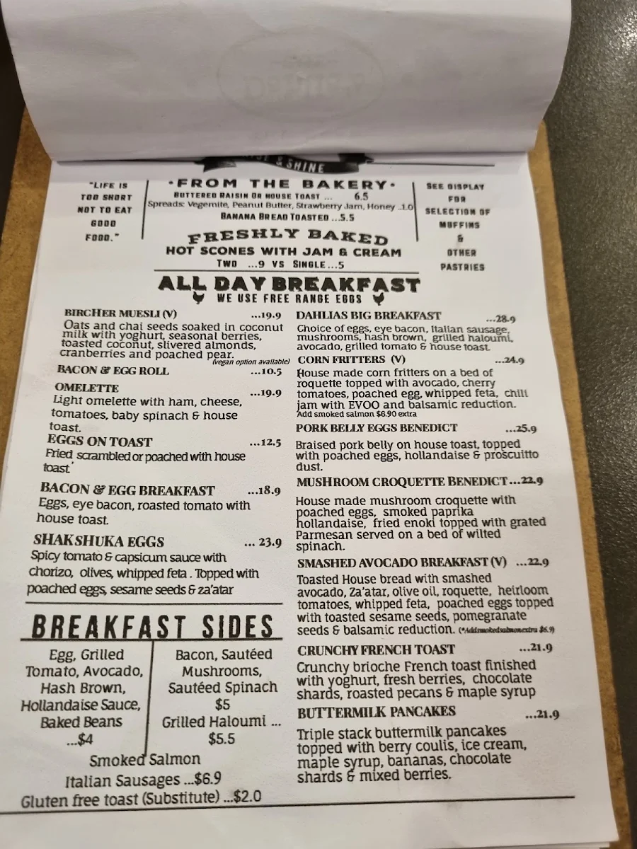 Menu, Dahlias Cafe