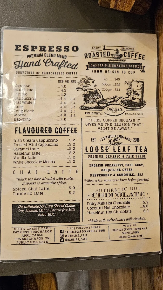 Menu, Dahlias Cafe