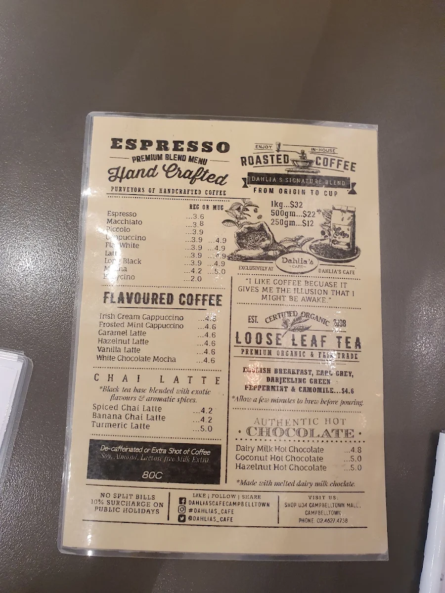 Menu, Dahlias Cafe
