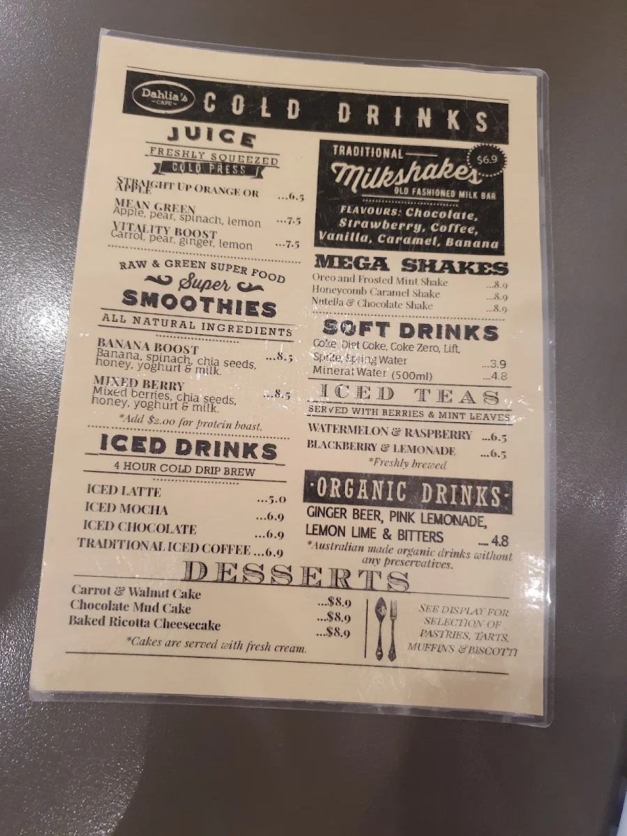 Menu, Dahlias Cafe