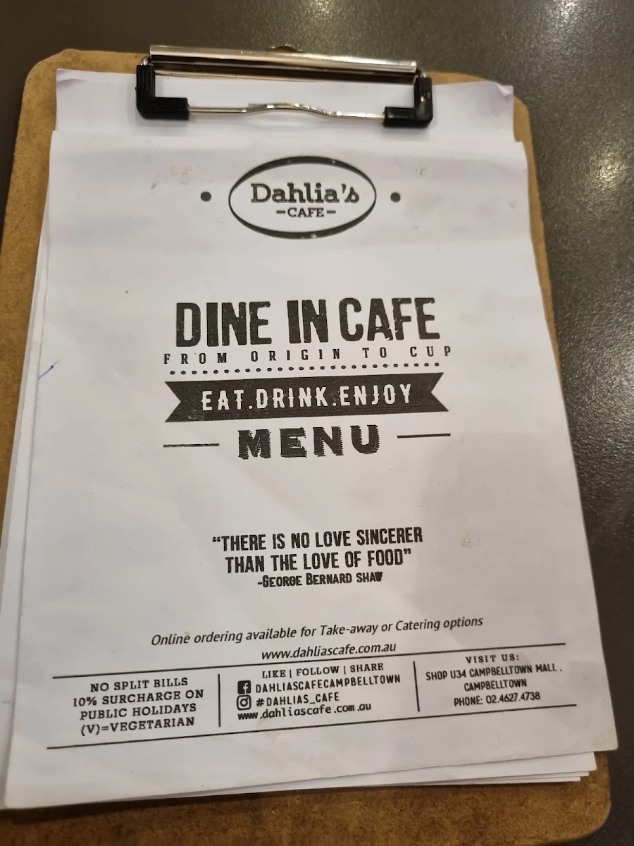 Menu, Dahlias Cafe