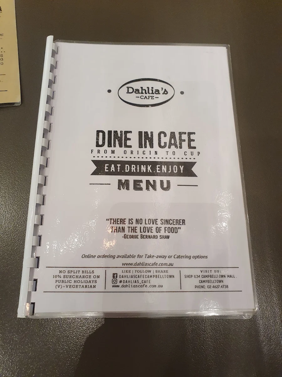 Menu, Dahlias Cafe