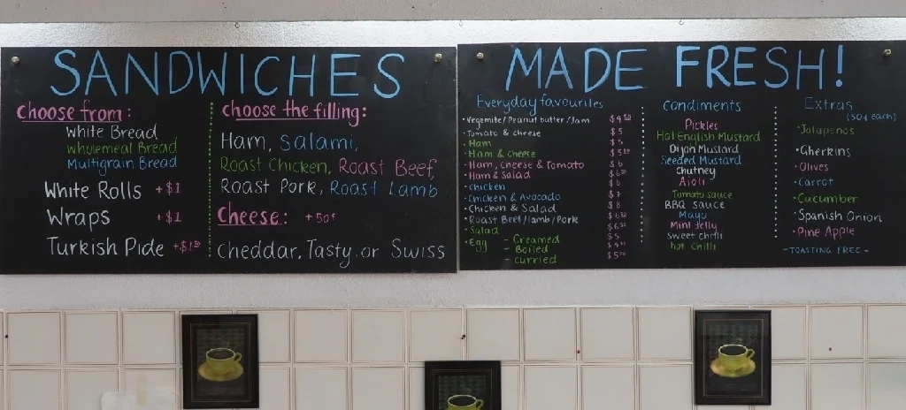 Menu, Wattle Snack Bar