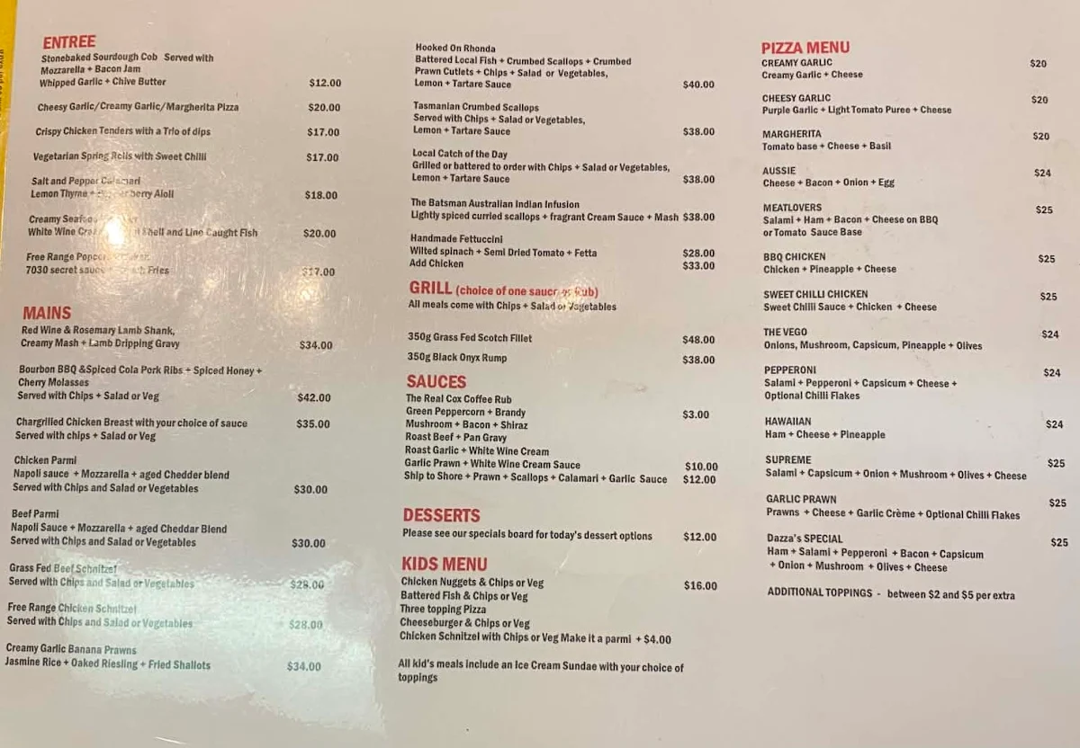 Menu, Rhonda’s On Midlands