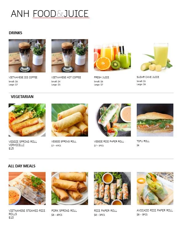 Menu, Anh Food & Juice