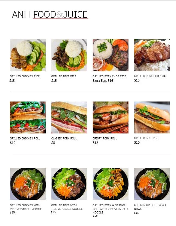 Menu, Anh Food & Juice
