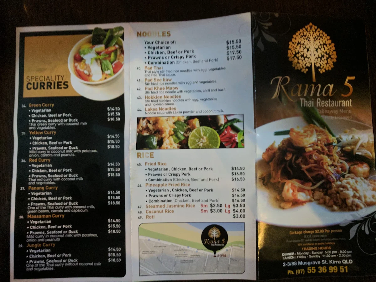 Menu, Rama 5 Thai Restaurant