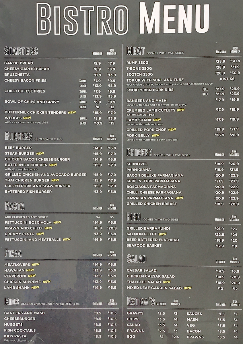 Menu, The Showground Tavern