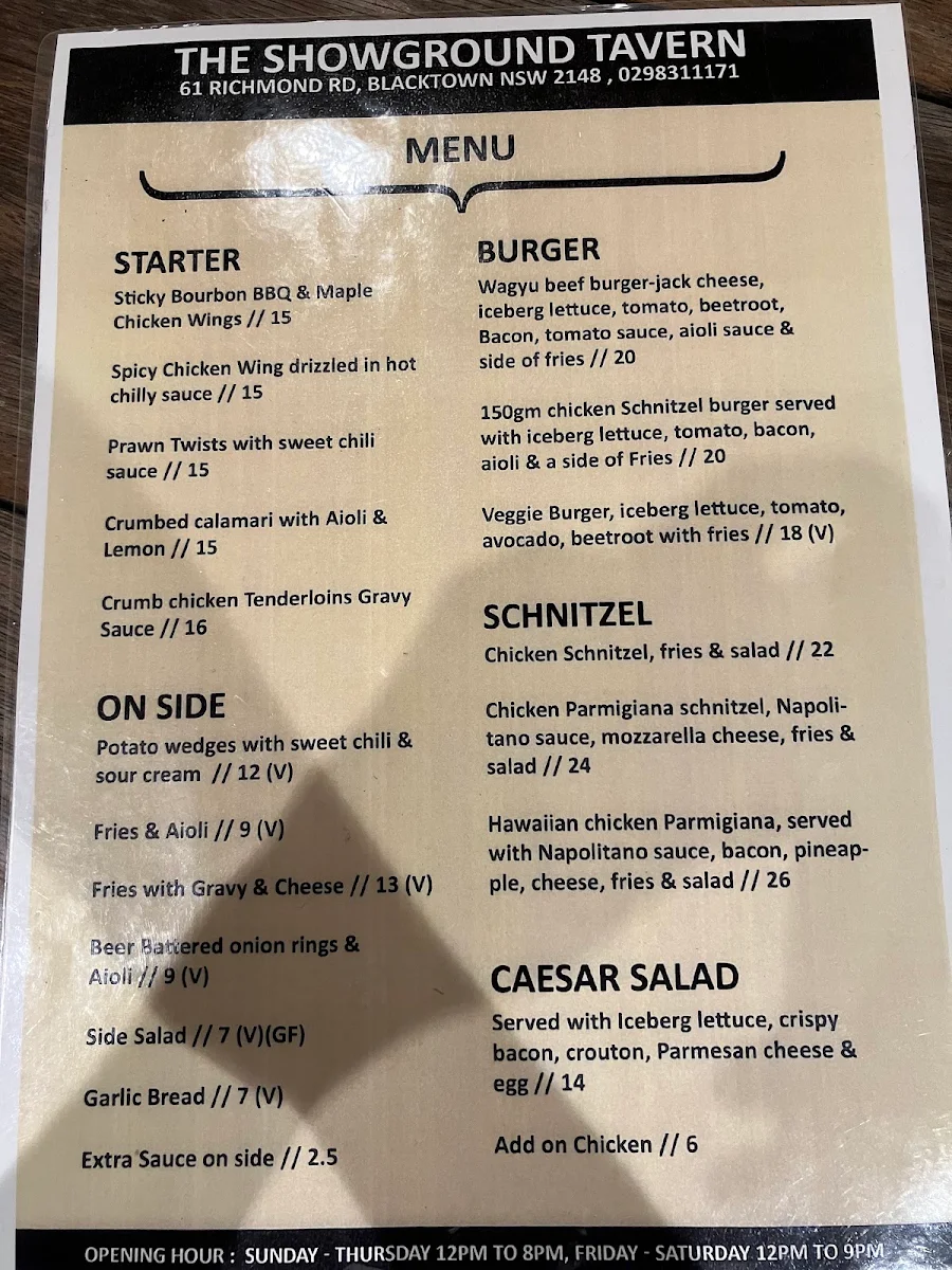 Menu, The Showground Tavern