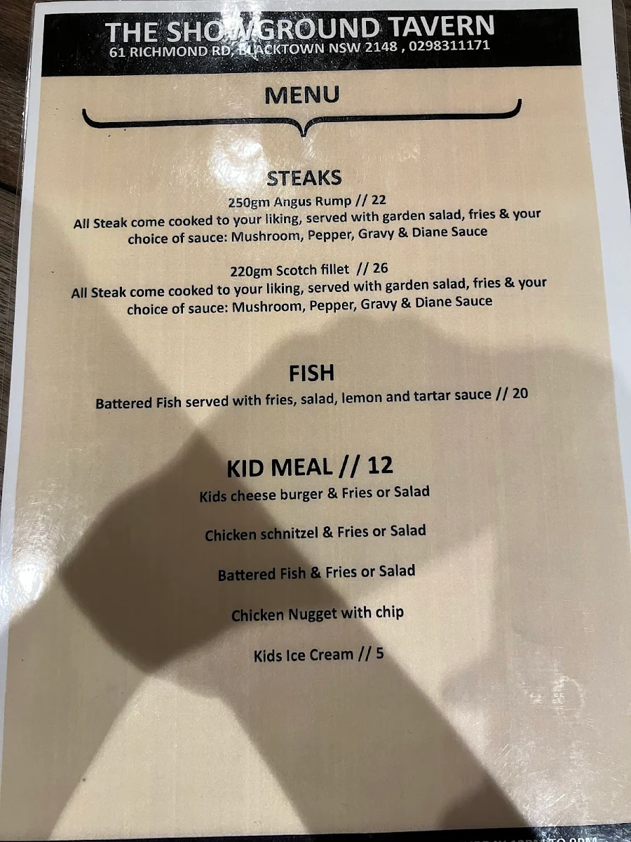 Menu, The Showground Tavern