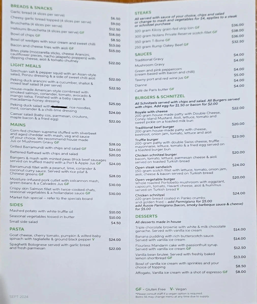 Menu, Royal Hotel