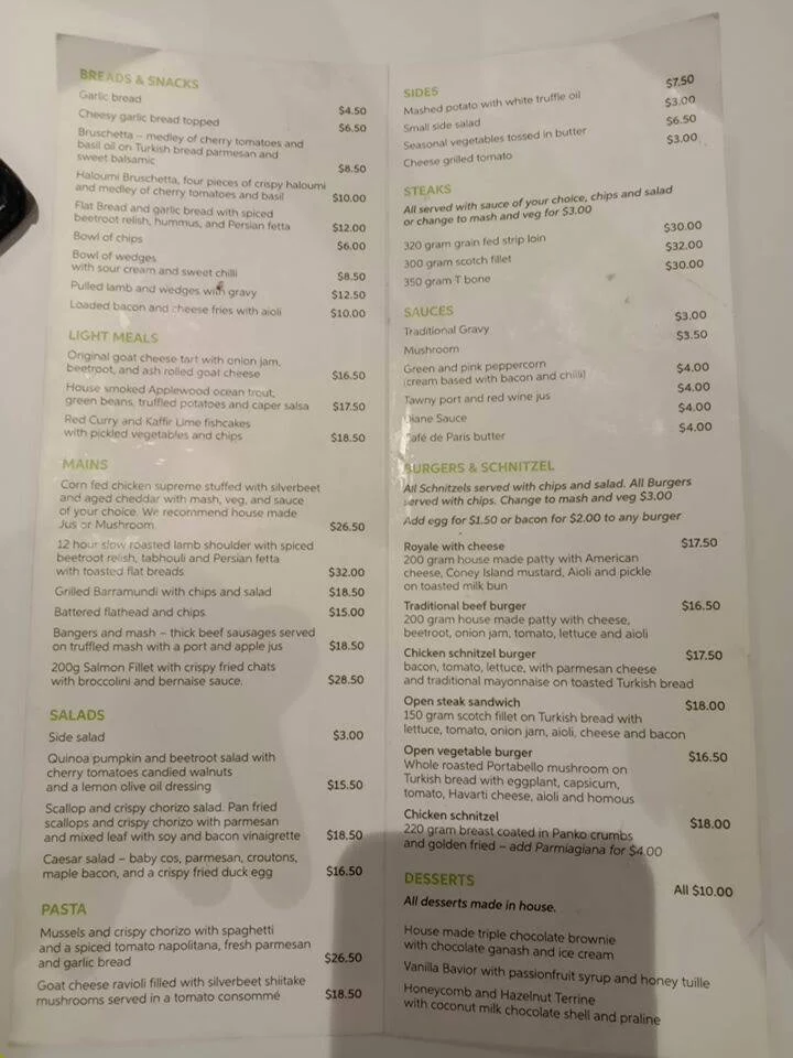 Menu, Royal Hotel