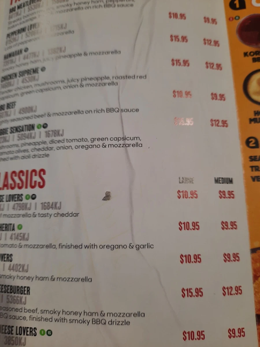 Menu, Pizza Hut Merrylands