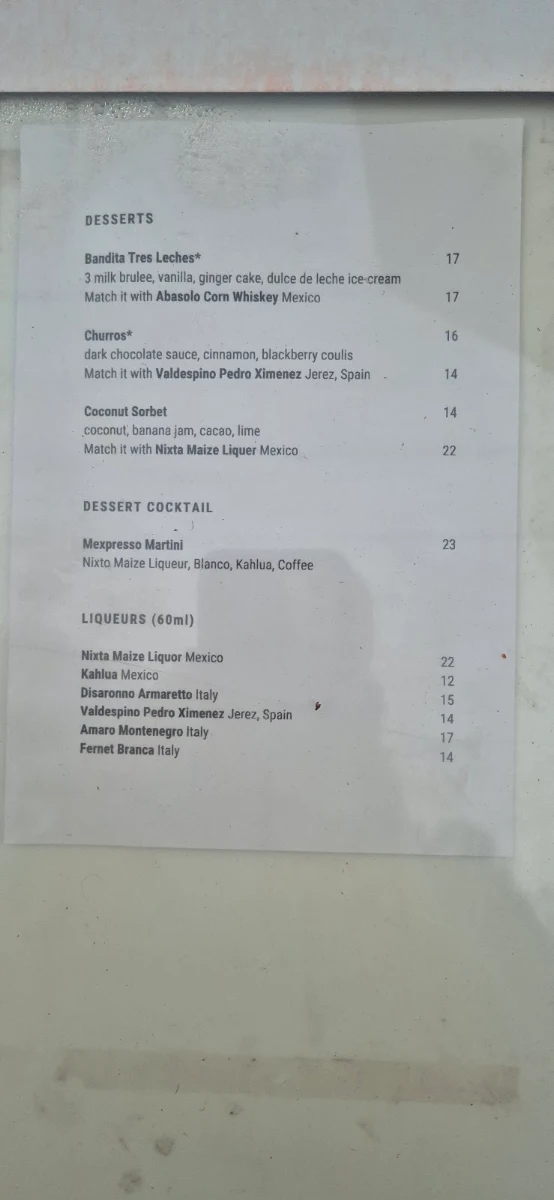 Menu, Bandita Cantina Latina & Bar