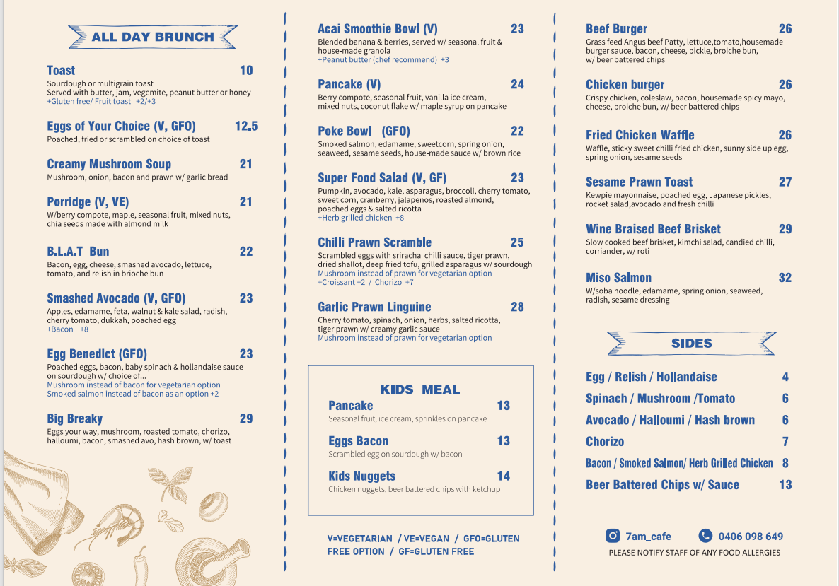 Menu, 7AM CAFE