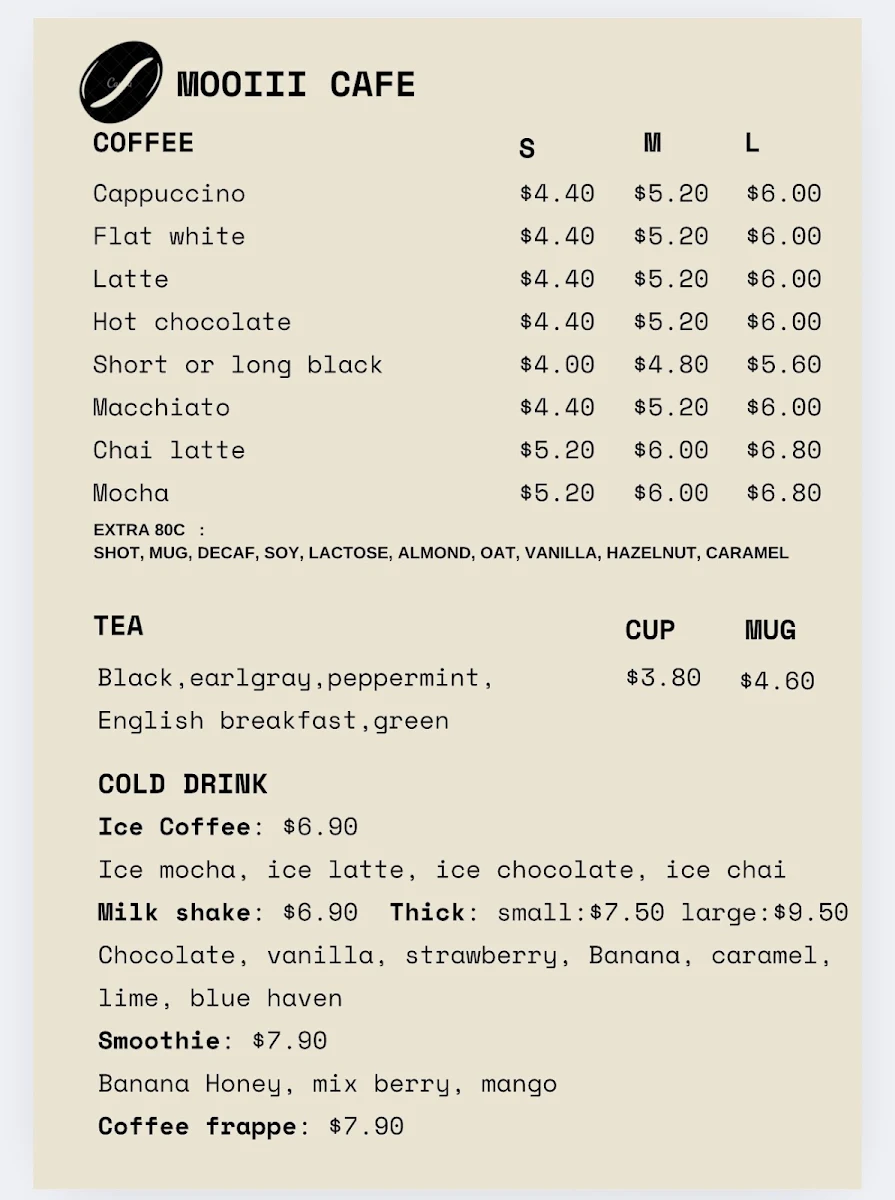 Menu, Mooiii Cafe