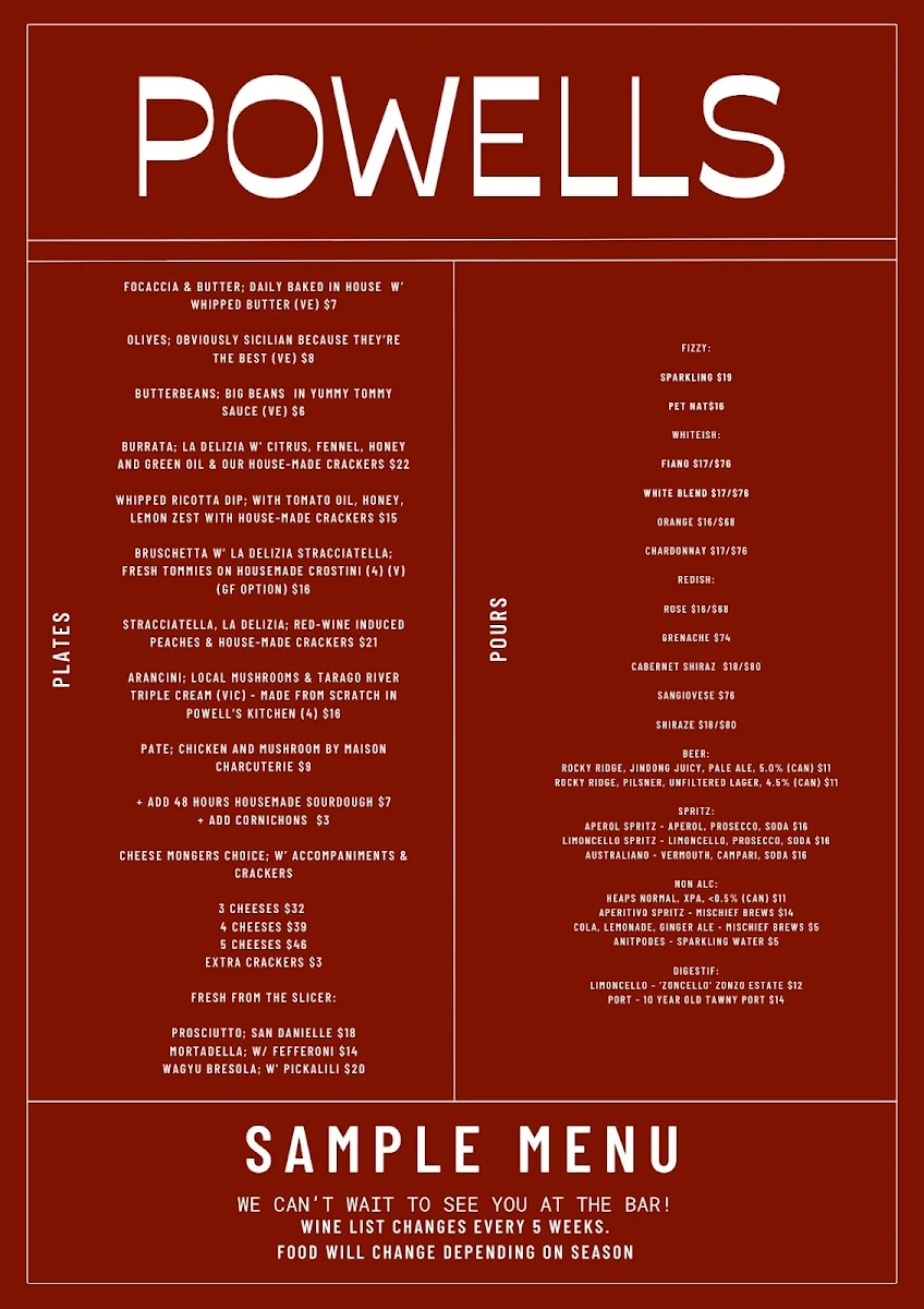 Menu, Powells Fromagerie & Wine Bar