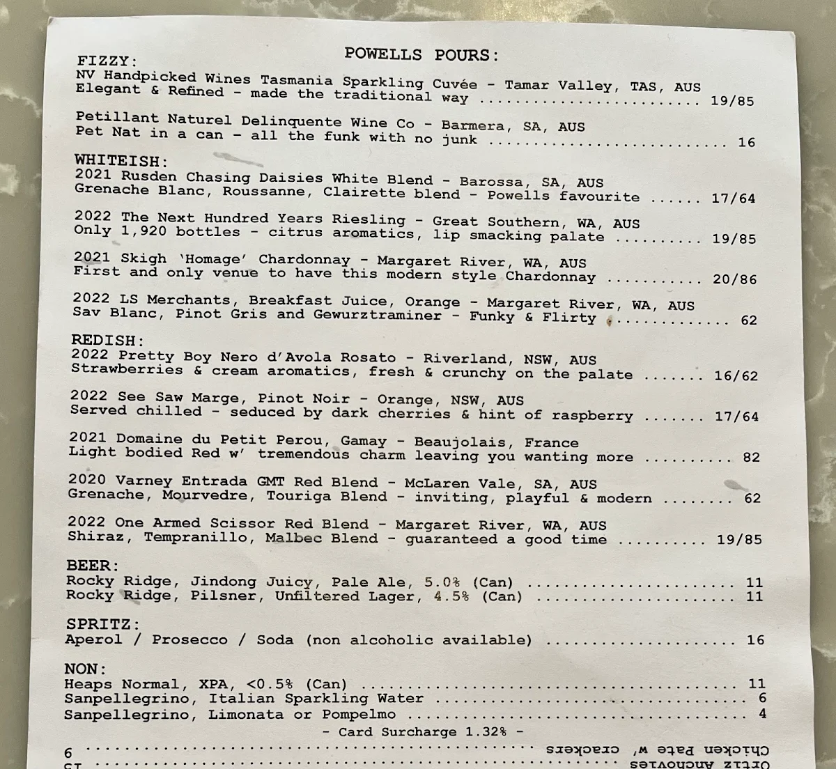 Menu, Powells Fromagerie & Wine Bar